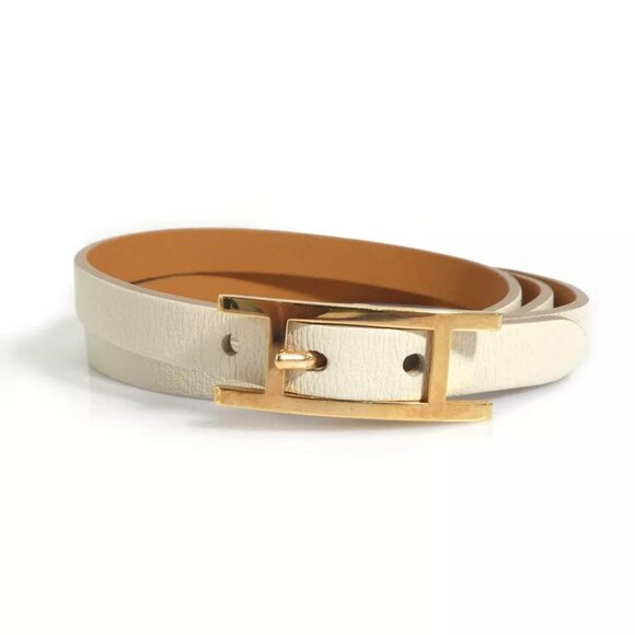 Auth HERMES Api Bracelet White Beige/Gold Leather/Metal